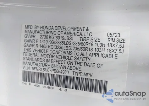 2023 Honda Odyssey Ex-L from USA, damaged, VIN 5FNRL6H67PB064980